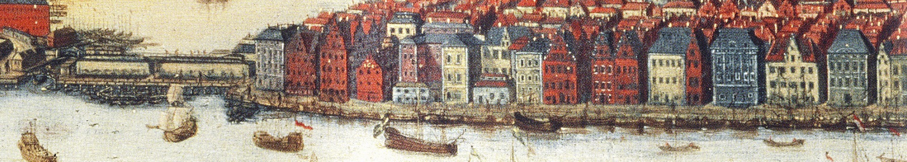 En mycket gammal illustration av Skeppsbron och vattnet utanför. Segelbåtar av olika storlekar.