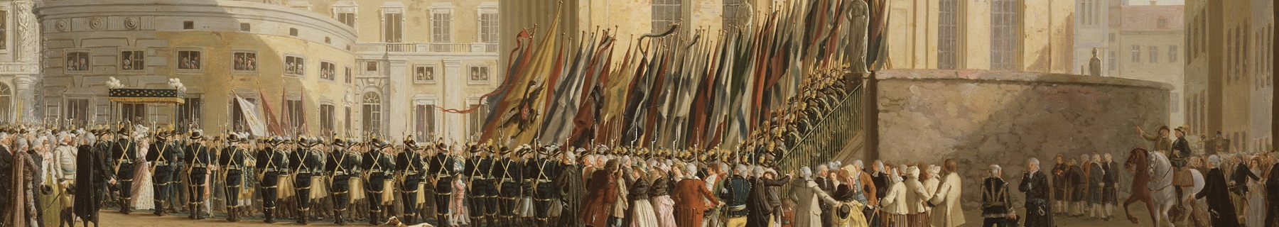 Målning av människor och soldater utanför en kyrka. Soldater bär på fanor som vajar i vinden.