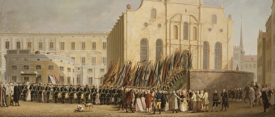 M&aring;lning av m&auml;nniskor och soldater utanf&ouml;r en kyrka. Soldater b&auml;r p&aring; fanor som vajar i vinden.